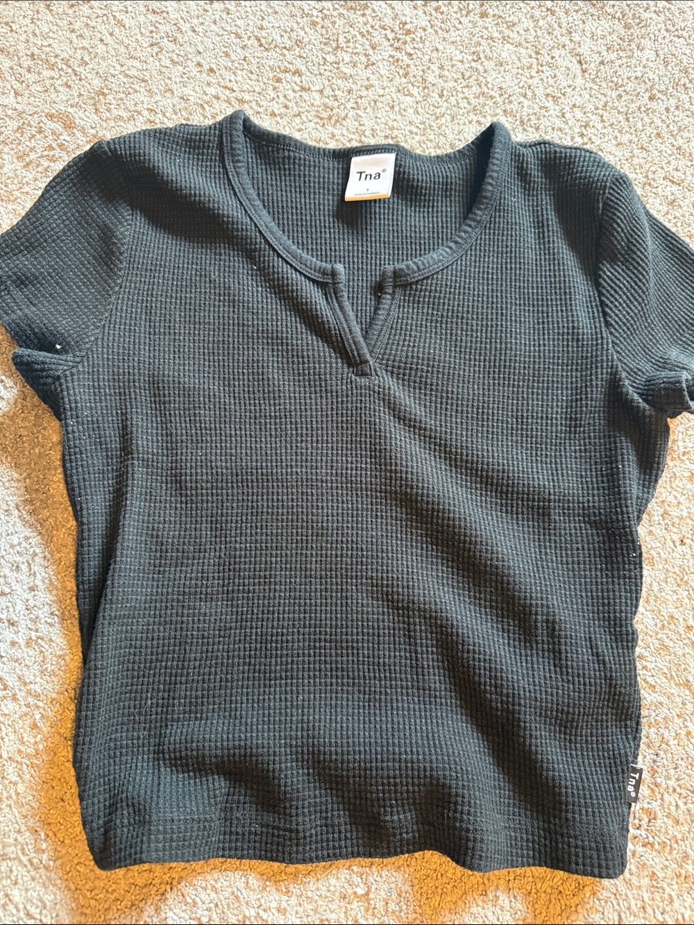 TNA Black Waffle Knit Short Sleeve V-Notch Tee